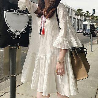 3/4-sleeve Embroidered Crinkled Tunic Dress