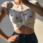 Floral Short-sleeve Knit Top Floral - White - One Size