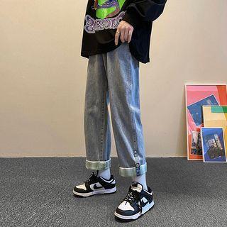 Plaid Trim Loose Fit Jeans