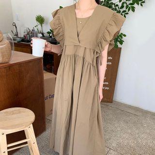 Set : Spaghetti-strap Maxi Dress / Lace-up Ruffle Cover-up