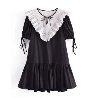 Puff-sleeve Two-tone Ruffle Trim Mini Dress