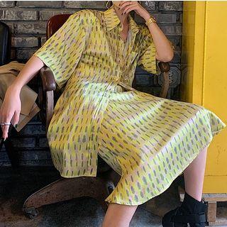 Printed Elbow-sleeve Oversize Shirt / Spaghetti Strap Midi Shift Dress