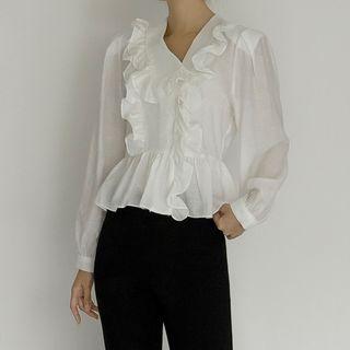 Collared Frilled Peplum Blouse