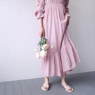 V-neck Gathered-waist Ruffle-hem Long Dress