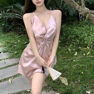 V-neck Plain Knotted Satin Mini Dress