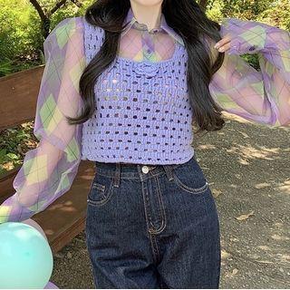 Long-sleeve Argyle Mesh Top / Sleeveless Pointelle Knit Top