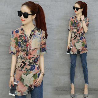 Elbow-sleeve Floral Side-slit Shirt