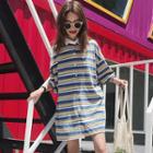 Striped Elbow-sleeve Collared Buttoned Top