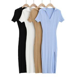 Short-sleeve Collar Slit Ribbed Knit Midi Sheath Dress