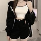 Set: Zip-up Hoodie + Cropped Camisole Top + Sweatshorts Set Of 3 - Hoodie & Camisole Top & Sweatshorts - White & Black - One Size