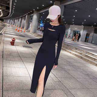 Long-sleeve Open Front Midi Bodycon Dress