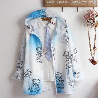 Bear Print Zip-up Hooded Jacket / Tie-neck Shirt / Set
