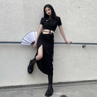 Set: Mandarin Collar Tie-strap Crop Top + Slit Midi Pencil Skirt