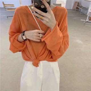 Plain Crewneck Long-sleeve Light Knit Top