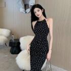 Long-sleeve Print Slim-fit Halter Dress