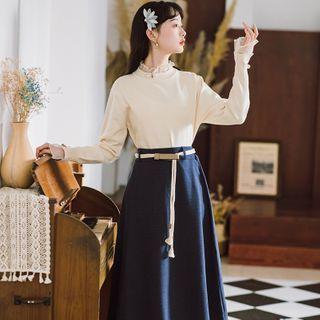 Mock Two-piece Blouse / High-waist Midi A-line Skirt / Set