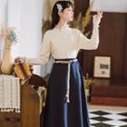 Mock Two-piece Blouse / High-waist Midi A-line Skirt / Set