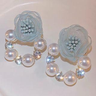 Flower Faux Pearl Earring F-10-2 - 1 Pair - Teal - One Size