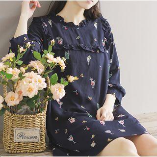Frill Trim Printed 3/4 Sleeve Dress