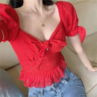 Puff-sleeve Tie Neck Ruffled Blouse