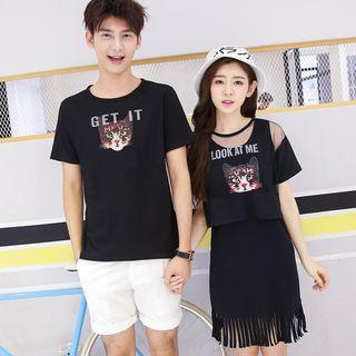 Women Set: Cat Print Top + Fringe Tank Dress / Men Short-sleeve Print T-shirt