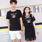 Women Set: Cat Print Top + Fringe Tank Dress / Men Short-sleeve Print T-shirt