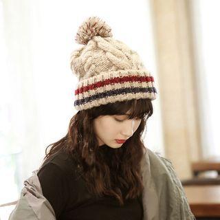 Pompom Contrast Stripe Knit Beanie