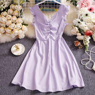 Ruffle Trim Sleeveless Shirred Mini A-line Dress