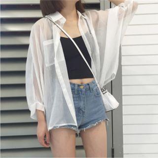 Long-sleeve Plain Chiffon Shirt White - One Size
