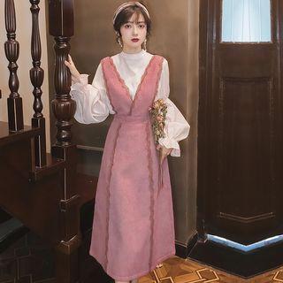 Set: Plain Blouse + V-neck A-line Midi Pinafore Dress