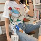 Tie-front Printed T-shirt Ivory - One Size