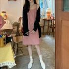 Check Spaghetti-strap Dress / Plain Cardigan