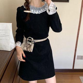 Long-sleeve Lace Trim Corduroy Mini Dress Black - One Size