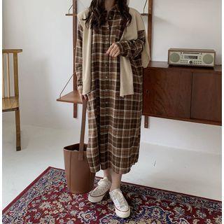 Set: Long-sleeve Plaid Midi Shirtdress + Shawl