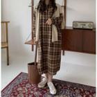 Set: Long-sleeve Plaid Midi Shirtdress + Shawl