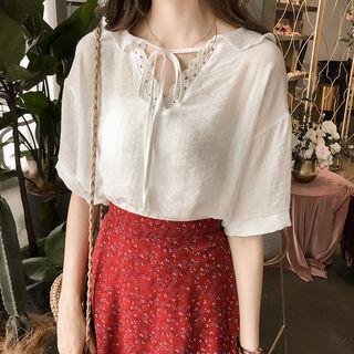 Elbow-sleeve Perforated Trim Blouse