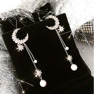 Rhinestone Moon & Star Faux Pearl Dangle Earring 1 Pair - As Shown In Figure - One Size