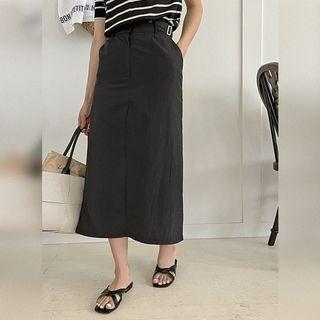 Belted-side Nylon Long Skirt
