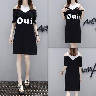 Short-sleeve Lettering Mock Two-piece Dress