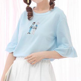 Embroidered Ruffle Trim Elbow-sleeve T-shirt