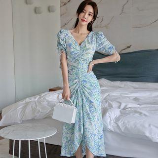 Leaf Print Short-sleeve Midi Chiffon Dress