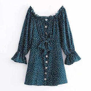 Long-sleeve Dotted Tie-waist Off-shoulder Mini Dress