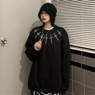 Cross Print Round Neck Pullover