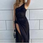 Plain One-shoulder Side-slit A-line Maxi Dress