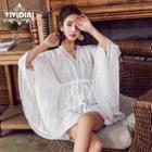 Bell-sleeve Perforated Mini Sundress White - S