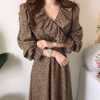 V-neck Ruffle-trim Leopard Printed A-line Dress