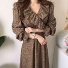 V-neck Ruffle-trim Leopard Printed A-line Dress