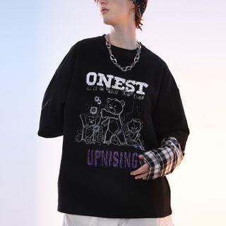 Mock Two Piece Bear Print Panel Plaid Long-sleeve T-shirt