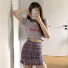 Short-sleeve Cartoon Print T-shirt / Plaid Pencil Skirt