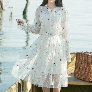 Set: Floral Embroidered Long-sleeve A-line Midi Dress + Strappy Dress